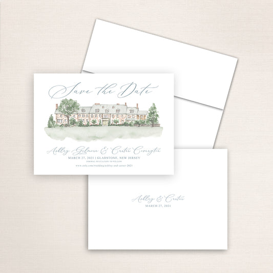 Custom watercolor Save the Date card featuring hand-painted illustration of the Hamilton Farm Golf Club in Gladstone, New Jersey, personalized wedding stationery with elegant venue artwork.