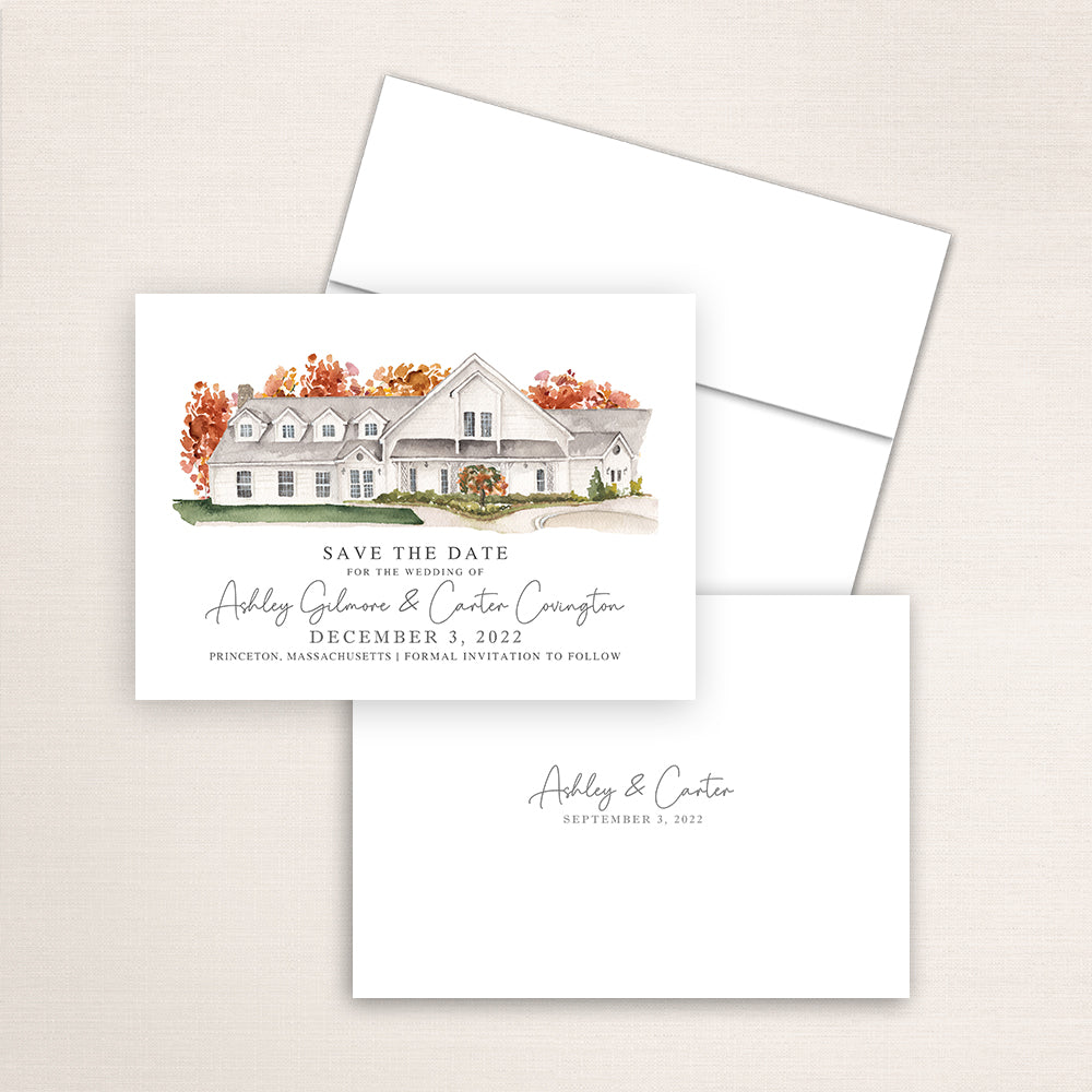 Custom watercolor Save the Date card featuring hand-painted illustration of Harrington Farm in Princeton, Massachusetts, personalized wedding stationery with elegant venue artwork.