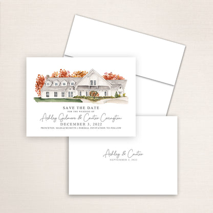 Custom watercolor Save the Date card featuring hand-painted illustration of Harrington Farm in Princeton, Massachusetts, personalized wedding stationery with elegant venue artwork.