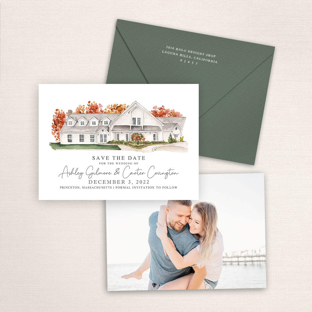 Custom watercolor Save the Date card featuring hand-painted illustration of Harrington Farm in Princeton, Massachusetts, personalized wedding stationery with elegant venue artwork with Matching envelope.