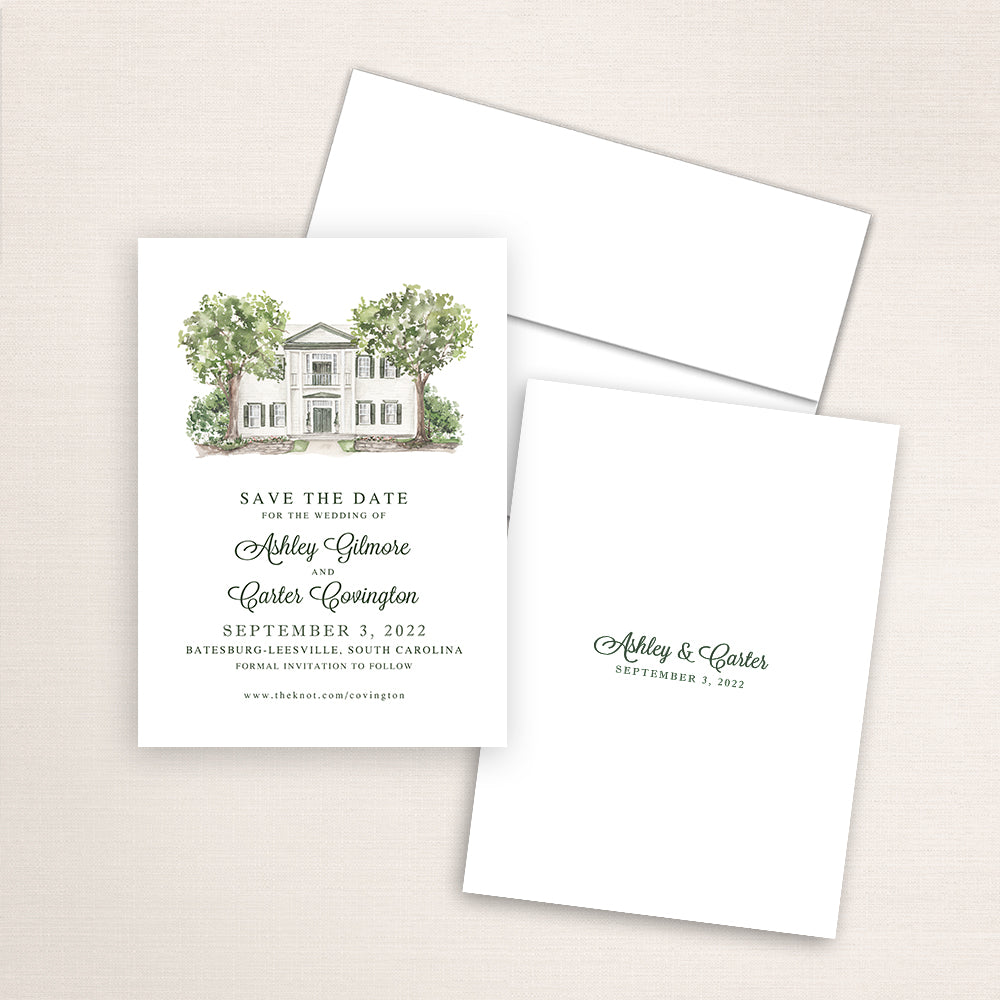 Custom watercolor Save the Date card featuring hand-painted illustration of Hartley House in Batesburg-Leesville, South Carolina, personalized wedding stationery with elegant venue artwork.