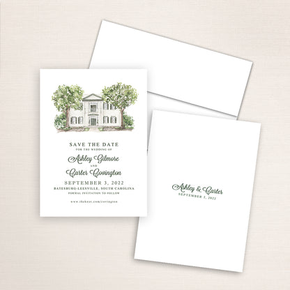 Custom watercolor Save the Date card featuring hand-painted illustration of Hartley House in Batesburg-Leesville, South Carolina, personalized wedding stationery with elegant venue artwork.