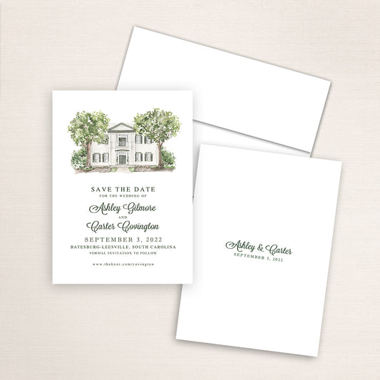 Custom watercolor Save the Date card featuring hand-painted illustration of Hartley House in Batesburg-Leesville, South Carolina, personalized wedding stationery with elegant venue artwork.