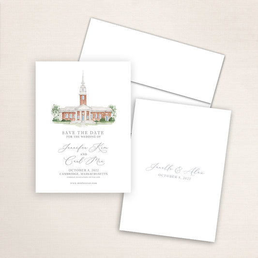Custom watercolor Save the Date card featuring hand-painted illustration of Harvard Art Museum in Cambridge, Massachusetts, personalized wedding stationery with elegant venue artwork.