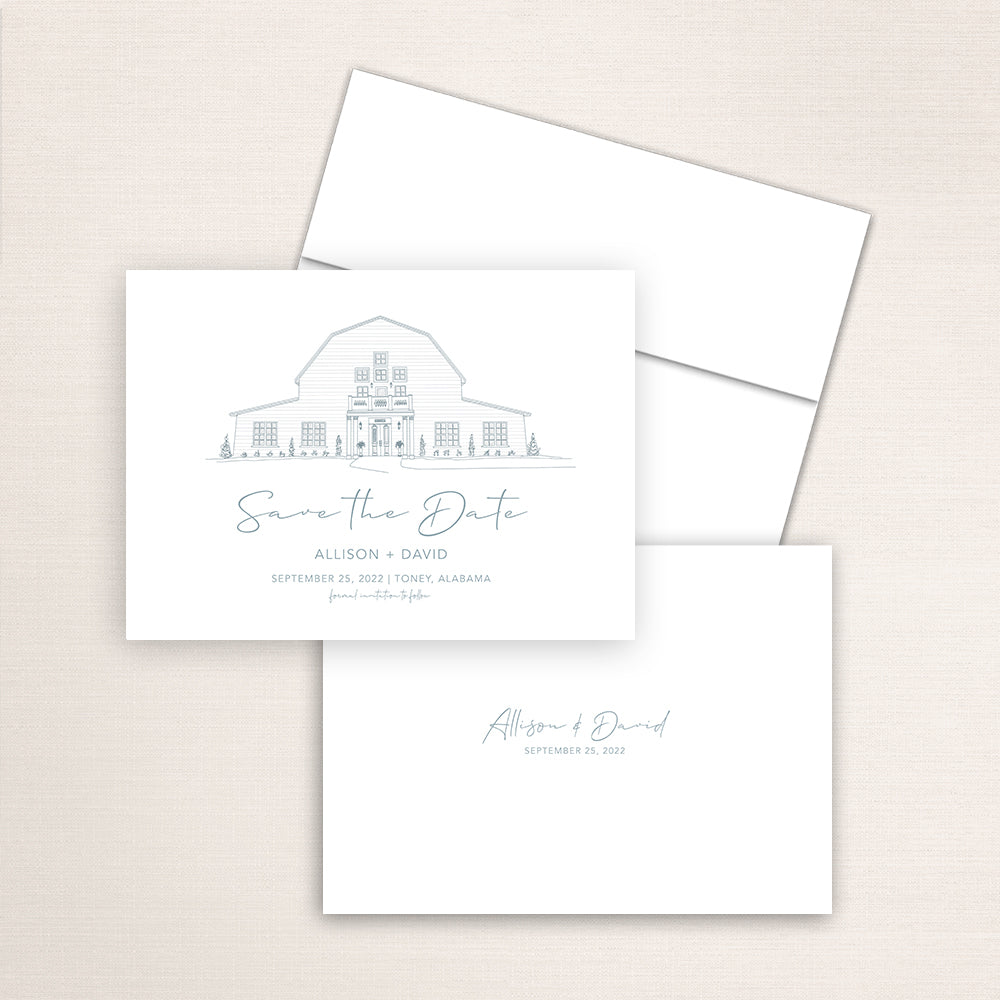 Custom sketch Save the Date card featuring hand-drawn venue illustration of Harvest Hollow in Toney, Alabama, personalized wedding stationery with elegant venue artwork. 