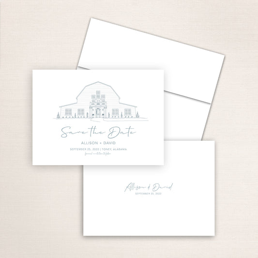 Custom sketch Save the Date card featuring hand-drawn venue illustration of Harvest Hollow in Toney, Alabama, personalized wedding stationery with elegant venue artwork. 
