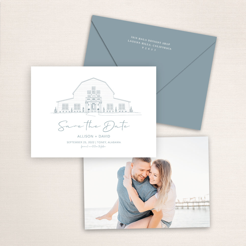 Custom sketch Save the Date card featuring hand-drawn venue illustration of Harvest Hollow in Toney, Alabama, personalized wedding stationery with elegant venue artwork. 