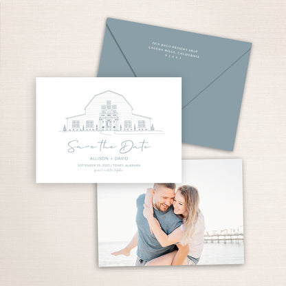 Custom sketch Save the Date card featuring hand-drawn venue illustration of Harvest Hollow in Toney, Alabama, personalized wedding stationery with elegant venue artwork. 