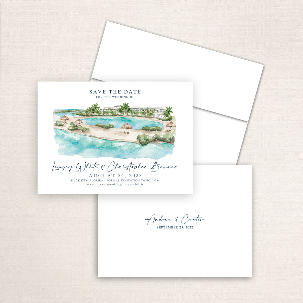 Custom watercolor Save the Date card featuring hand-painted venue illustration of Hawks Cay Resort in Duck Key, Florida, personalized wedding stationery with elegant venue artwork. 