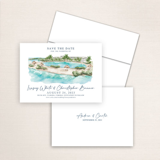 Custom watercolor Save the Date card featuring hand-painted venue illustration of Hawks Cay Resort in Duck Key, Florida, personalized wedding stationery with elegant venue artwork. 