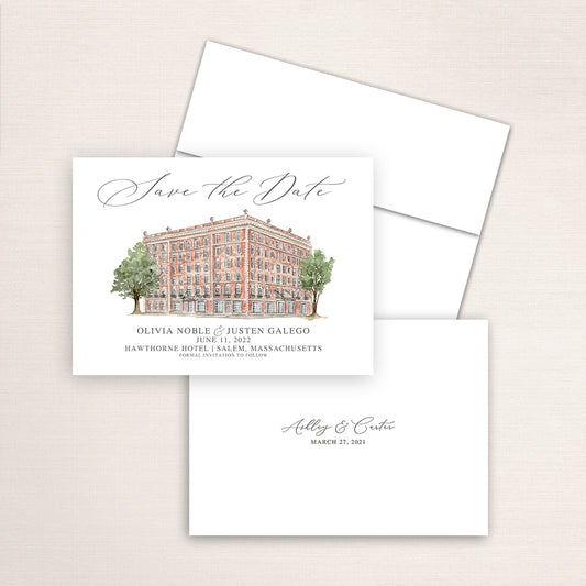 Custom watercolor Save the Date card featuring hand-painted venue illustration of Hawthorne Hotel in Salem, Massachusetts, personalized wedding stationery with elegant venue artwork. 