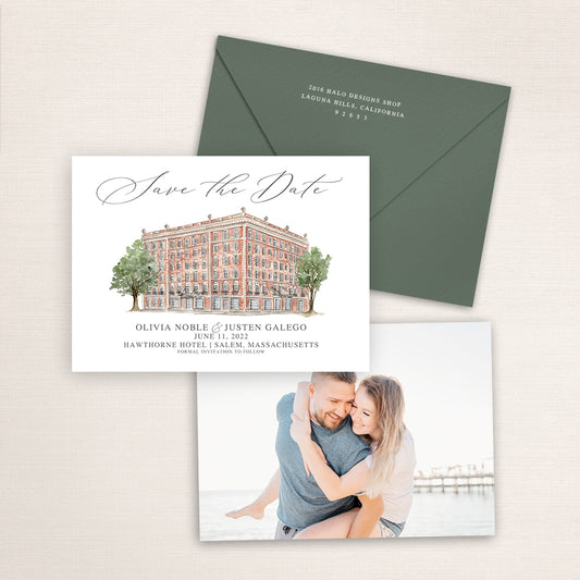 Custom watercolor Save the Date card featuring hand-painted venue illustration of Hawthorne Hotel in Salem, Massachusetts, personalized wedding stationery with elegant venue artwork with matching envelope.