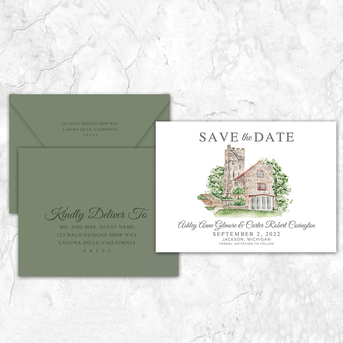 Custom watercolor Save the Date card featuring hand-painted venue illustration of Helmer Castle in Jackson Michigan personalized wedding stationery with elegant venue artwork with matching envelope. 