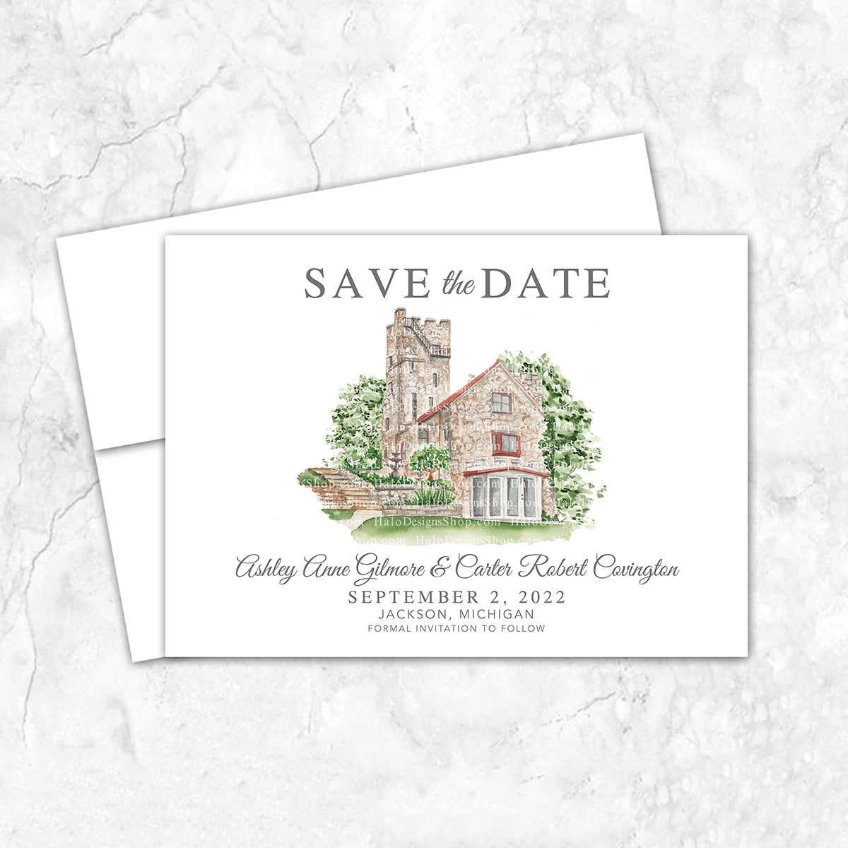 Custom watercolor Save the Date card featuring hand-painted venue illustration of Helmer Castle in Jackson, Michigan, personalized wedding stationery with elegant venue artwork. 
