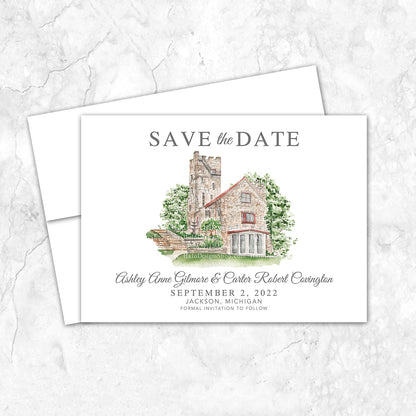 Custom watercolor Save the Date card featuring hand-painted venue illustration of Helmer Castle in Jackson, Michigan, personalized wedding stationery with elegant venue artwork. 