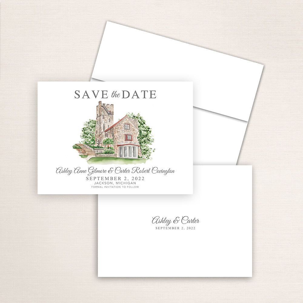 Custom watercolor Save the Date card featuring hand-painted venue illustration of Helmer Castle in Jackson, Michigan, personalized wedding stationery with elegant venue artwork. 