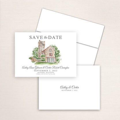 Custom watercolor Save the Date card featuring hand-painted venue illustration of Helmer Castle in Jackson, Michigan, personalized wedding stationery with elegant venue artwork. 