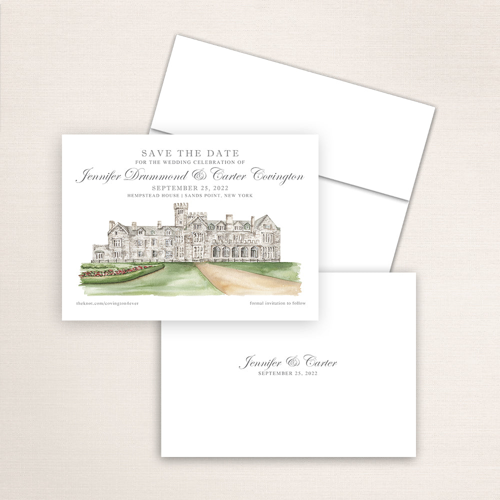 Custom watercolor Save the Date card featuring hand-painted venue illustration of Hempstead House in Sands Point, New York, personalized wedding stationery with elegant venue artwork. 