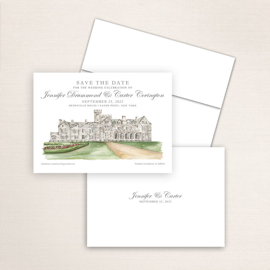 Custom watercolor Save the Date card featuring hand-painted venue illustration of Hempstead House in Sands Point, New York, personalized wedding stationery with elegant venue artwork. 