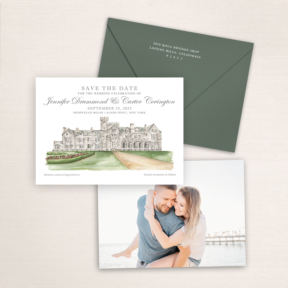 Custom watercolor Save the Date card featuring hand-painted venue illustration of Hempstead House in Sands Point, New York, personalized wedding stationery with elegant venue artwork with matching envelope.