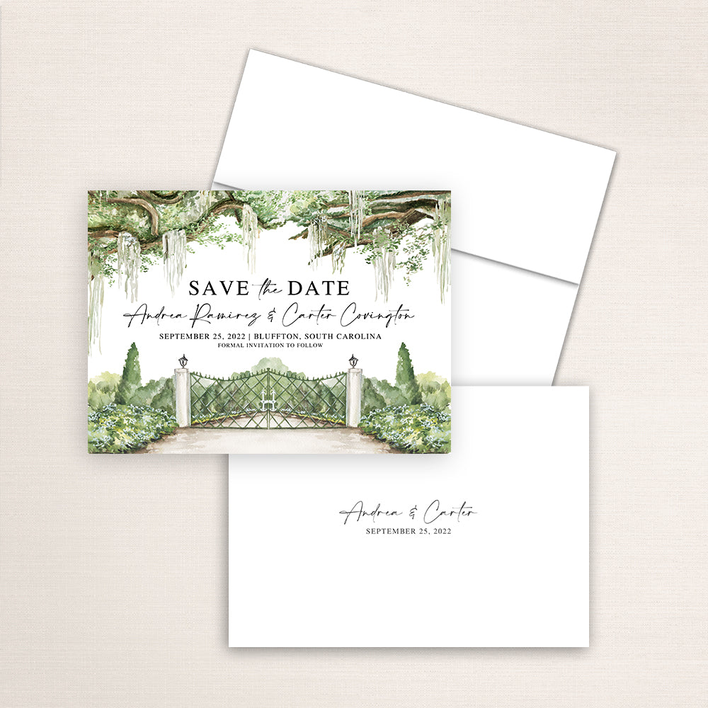 Custom watercolor Save the Date card featuring hand-painted venue illustration of Hewitt Oaks Gate in Bluffton, South Carolina. Personalized wedding stationery with elegant venue artwork and Oak trees. 