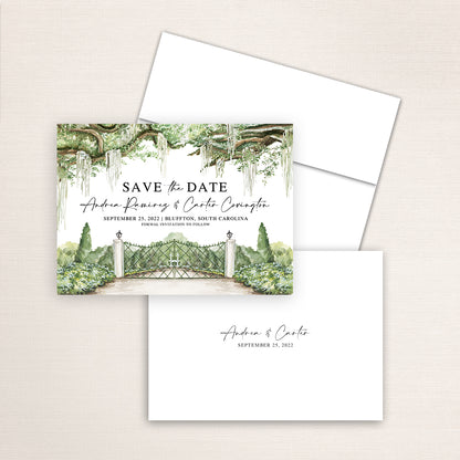 Custom watercolor Save the Date card featuring hand-painted venue illustration of Hewitt Oaks Gate in Bluffton, South Carolina. Personalized wedding stationery with elegant venue artwork and Oak trees. 