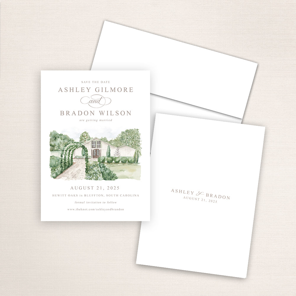 Custom watercolor Save the Date card featuring hand-painted venue illustration of Hewitt Oaks in Bluffton, South Carolina, personalized wedding stationery with elegant venue artwork. 