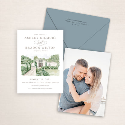 Custom watercolor Save the Date card featuring hand-painted venue illustration of Hewitt Oaks in Bluffton, South Carolina, personalized wedding stationery with elegant venue artwork with matching envelopes.