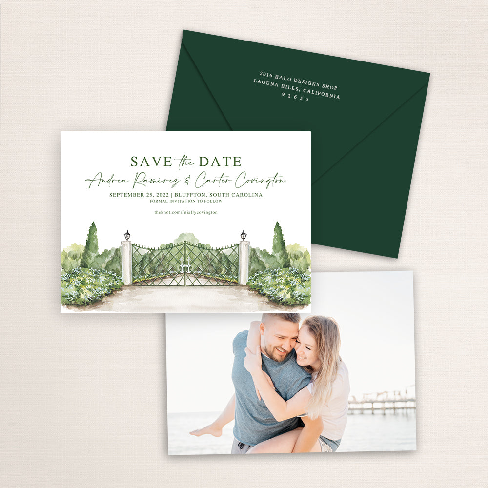 Custom watercolor Save the Date card featuring hand-painted venue illustration of Hewitt Oaks in Bluffton, South Carolina, personalized wedding stationery with elegant venue artwork with matching envelope.