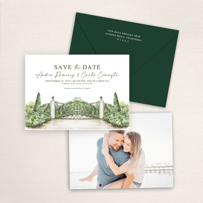 Custom watercolor Save the Date card featuring hand-painted venue illustration of Hewitt Oaks in Bluffton, South Carolina, personalized wedding stationery with elegant venue artwork with matching envelope.