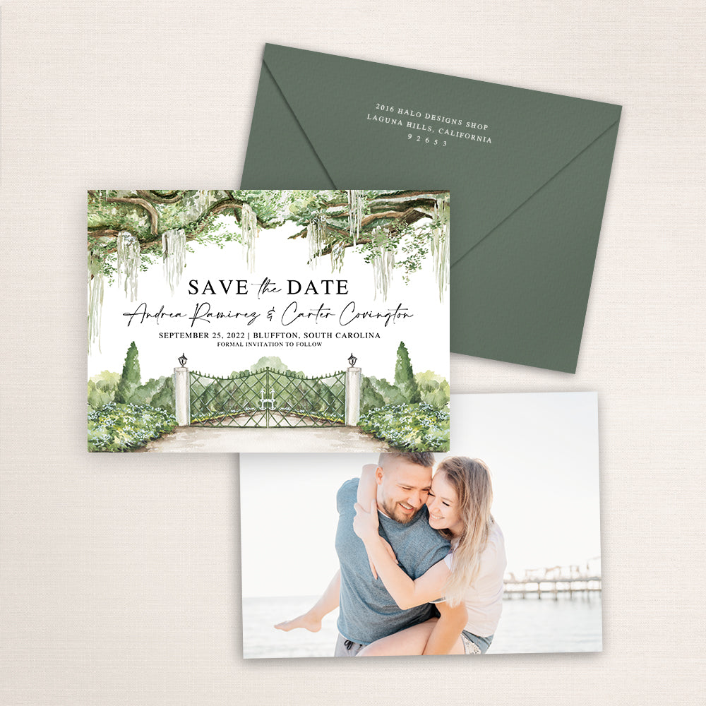 Custom watercolor Save the Date card featuring a hand-painted venue illustration of Hewitt Oaks in Bluffton, South Carolina. Personalized wedding stationery with elegant venue artwork and Spanish Moss covered branches with matching envelopes