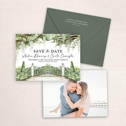 Custom watercolor Save the Date card featuring a hand-painted venue illustration of Hewitt Oaks in Bluffton, South Carolina. Personalized wedding stationery with elegant venue artwork and Spanish Moss covered branches with matching envelopes