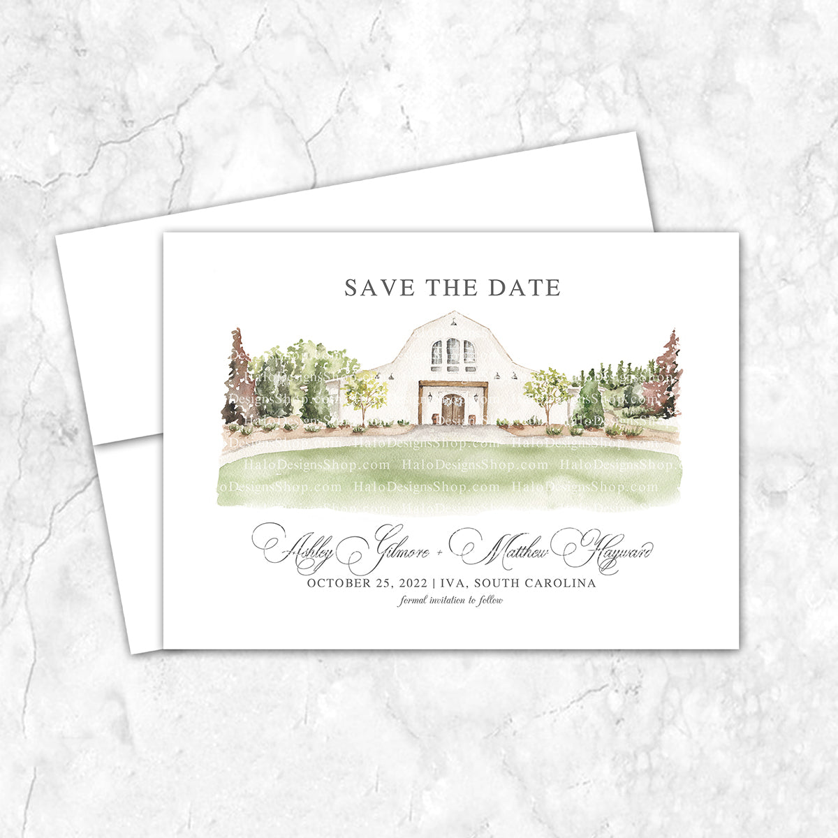Custom watercolor Save the Date card featuring hand-painted venue illustration of Heyward Manor in Iva, South Carolina, personalized wedding stationery with elegant venue artwork. 