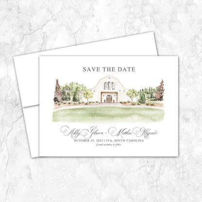 Custom watercolor Save the Date card featuring hand-painted venue illustration of Heyward Manor in Iva, South Carolina, personalized wedding stationery with elegant venue artwork. 