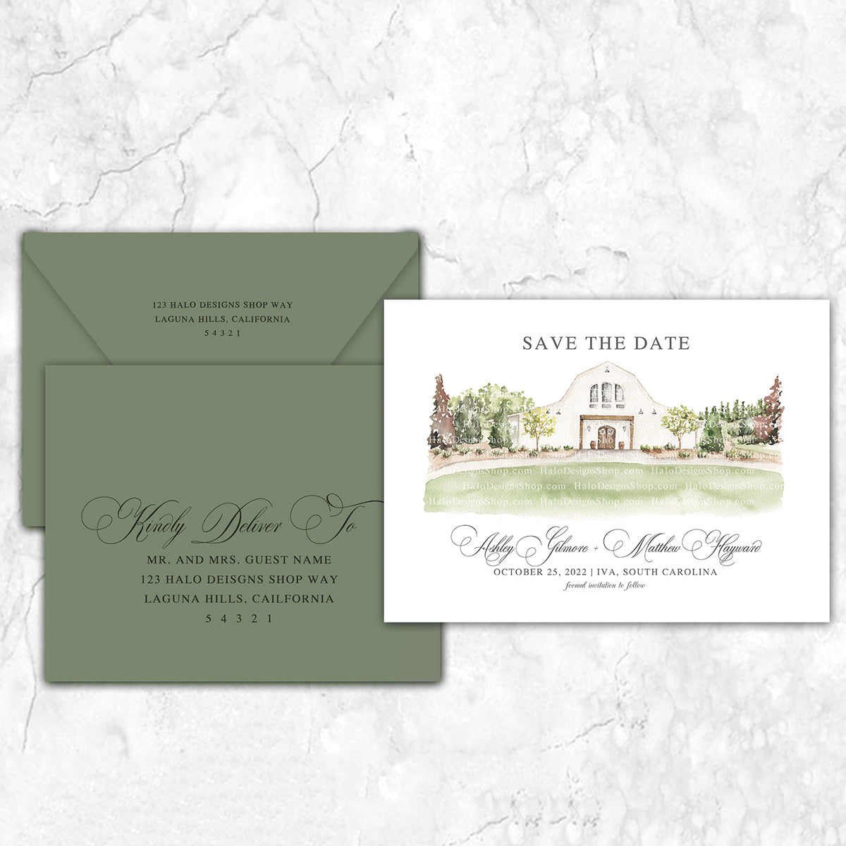Custom watercolor Save the Date card featuring hand-painted venue illustration of Heyward Manor in Iva South Carolina personalized wedding stationery with elegant venue artwork with matching envelope. 