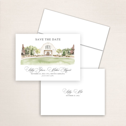 Custom watercolor Save the Date card featuring hand-painted venue illustration of Heyward Manor in Iva, South Carolina, personalized wedding stationery with elegant venue artwork. 