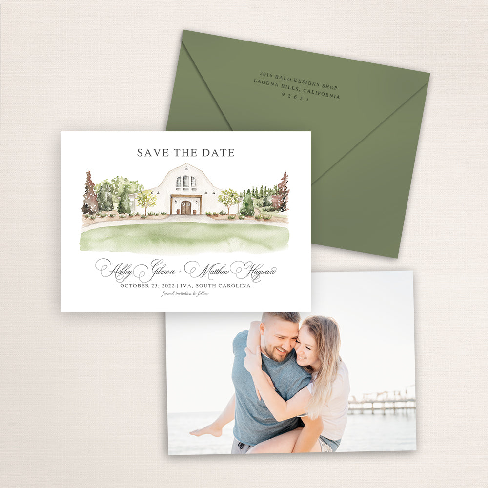 Custom watercolor Save the Date card featuring hand-painted venue illustration of Heyward Manor in Iva, South Carolina, personalized wedding stationery with elegant venue artwork with matching envelope.