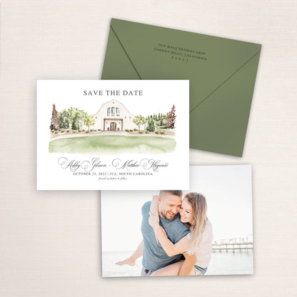 Custom watercolor Save the Date card featuring hand-painted venue illustration of Heyward Manor in Iva, South Carolina, personalized wedding stationery with elegant venue artwork with matching envelope.