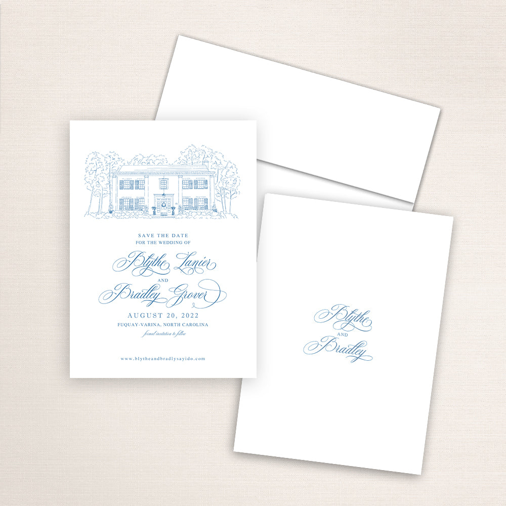Custom line drawing Save the Date card featuring hand-drawn venue illustration of Highgrove Estate in Fuquay-Varina, North Carolina personalized wedding stationery with elegant venue artwork. 