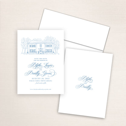 Custom line drawing Save the Date card featuring hand-drawn venue illustration of Highgrove Estate in Fuquay-Varina, North Carolina personalized wedding stationery with elegant venue artwork. 