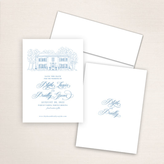 Custom line drawing Save the Date card featuring hand-drawn venue illustration of Highgrove Estate in Fuquay-Varina, North Carolina personalized wedding stationery with elegant venue artwork. 