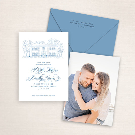 Custom line drawing Save the Date card featuring hand-drawn venue illustration of Highgrove Estate in Fuquay-Varina, North Carolina personalized wedding stationery with elegant venue artwork and matching envelopes.