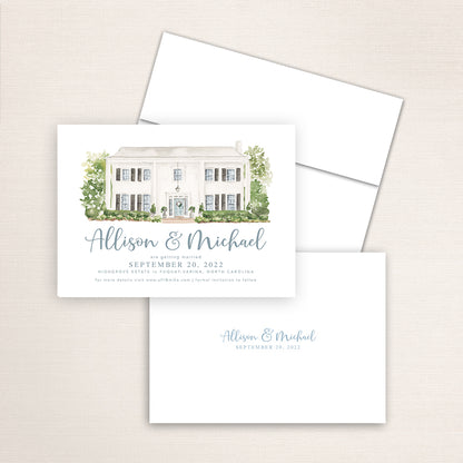 Custom watercolor Save the Date card featuring hand-painted venue illustration of Highgrove Estate in Fuquay-Varina, North Carolina personalized wedding stationery with elegant venue artwork. 