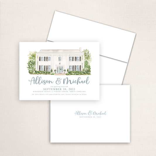 Custom watercolor Save the Date card featuring hand-painted venue illustration of Highgrove Estate in Fuquay-Varina, North Carolina personalized wedding stationery with elegant venue artwork. 