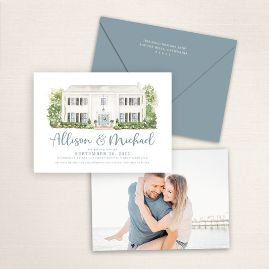 Custom watercolor Save the Date card featuring hand-painted venue illustration of Highgrove Estate in Fuquay-Varina, North Carolina personalized wedding stationery with elegant venue artwork with matching envelopes.