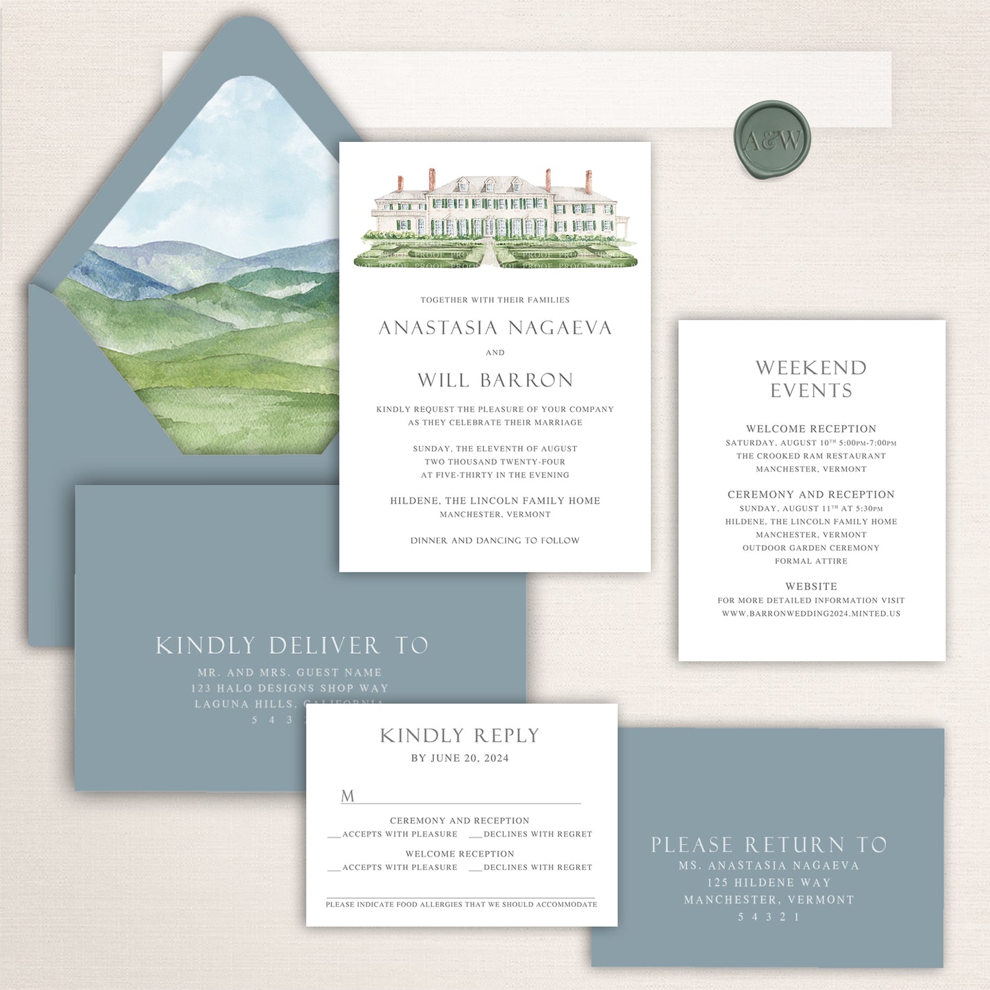 Wedding invitation suite with watercolor illustration of Hildene, The Lincoln Family Home, and mountain landscape envelope liner.