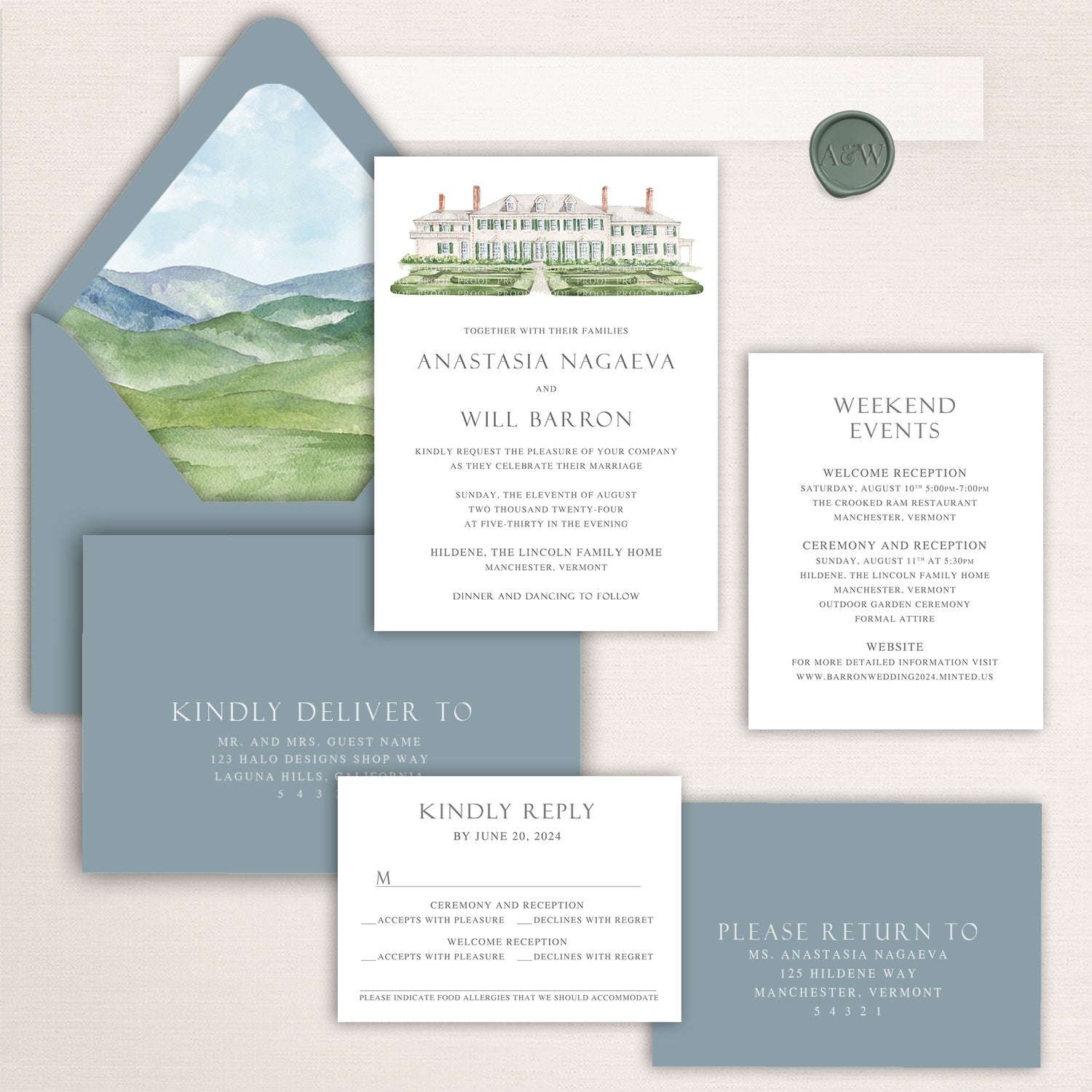 Wedding invitation suite with watercolor illustration of Hildene, The Lincoln Family Home, and mountain landscape envelope liner.