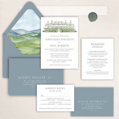 Wedding invitation suite with watercolor illustration of Hildene, The Lincoln Family Home, and mountain landscape envelope liner.