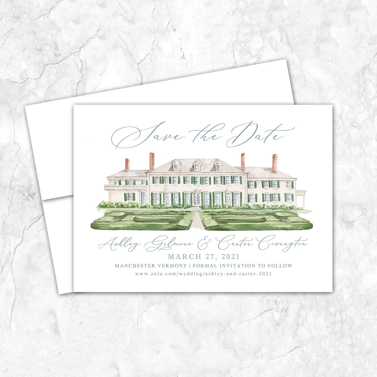 Custom watercolor Save the Date card featuring hand-painted venue illustration of Hildene Lincoln Family Home in Manchester, Vermont, personalized wedding stationery with elegant venue artwork. 