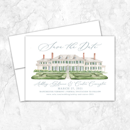 Custom watercolor Save the Date card featuring hand-painted venue illustration of Hildene Lincoln Family Home in Manchester, Vermont, personalized wedding stationery with elegant venue artwork. 